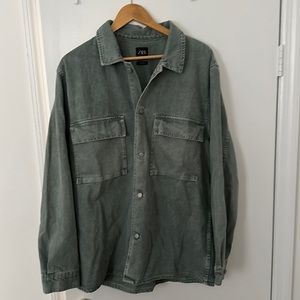 Zara Washed Green Denim Shirt Jacket
